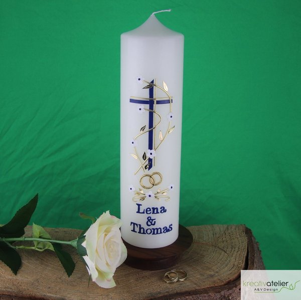 Hochzeitskerze mit Kreuz, zweifarbig und Blumenranke