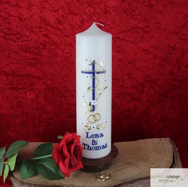 Hochzeitskerze mit Kreuz, zweifarbig und Blumenranke