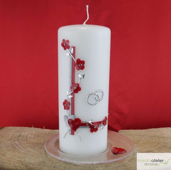 Hochzeitskerze Blumenranke, rot und 2 Ringen
