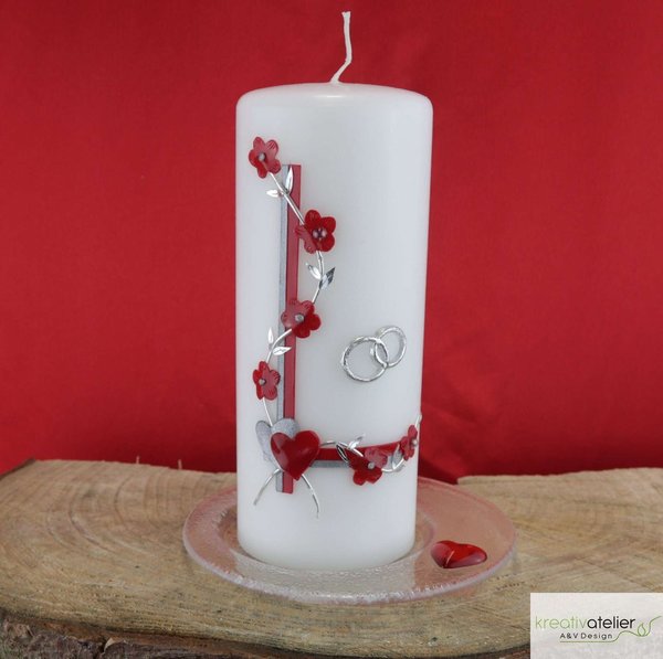 Hochzeitskerze Blumenranke, rot und 2 Ringen