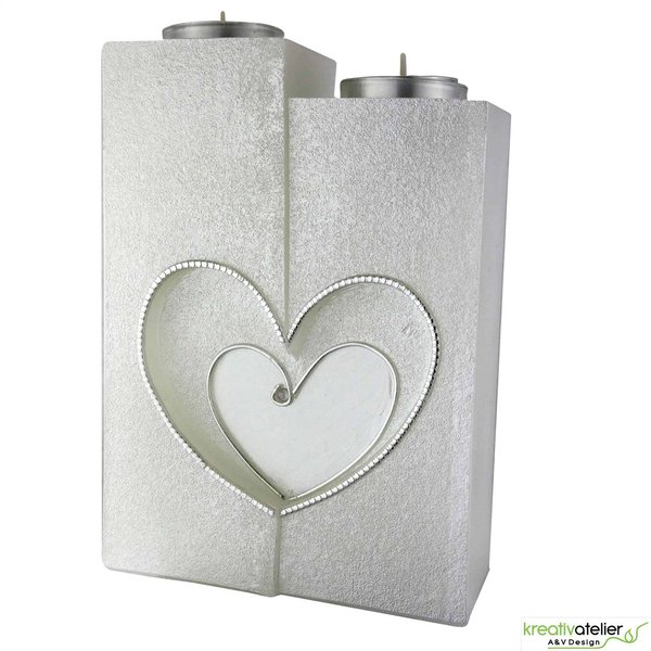 Hochzeitskerze Stufenkerze mit zwei Teelichten, Perlmutt-Oberfläche und gefrästen Herzen