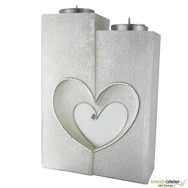 Hochzeitskerze Stufenkerze mit zwei Teelichten, Perlmutt-Oberfläche und gefrästen Herzen