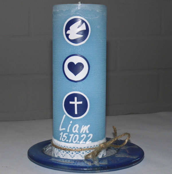 Kerze zur Geburt "Glaube Liebe Hoffnung" mit Klöppelspitze