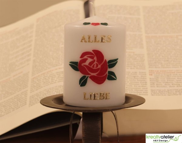 kleine, weiße Spruchkerze - "Alles Liebe" mit roter Rose und Echtwachsbeschriftung