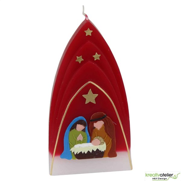 Formkerze zu Weihnachten rot mit weißem Boden Kuppelmotiv mit Christkind, Maria und Josef