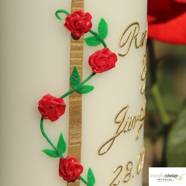 Kerze zur Goldhochzeit in elfenbein mit Rosenranke