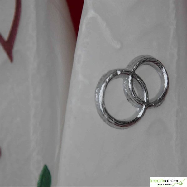 weiße Hochzeitskerze Doppelflamme mit Kreuz und Blumenranke, silber verziert