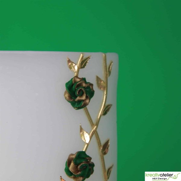 weiße Hochzeitskerze Doppelwelle mit Spruch, grün-gold verziert
