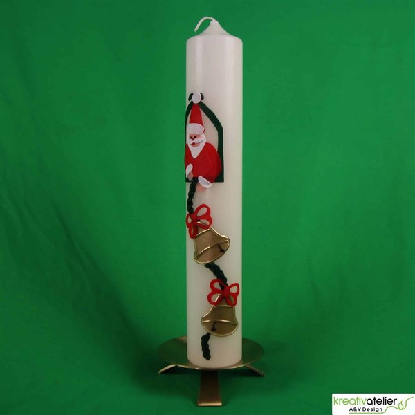 Weihnachtskerze in elfenbein mit Nikolaus und Glockenband