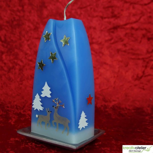 blaue Formenkerze Doppelbogen mit Waldtiere, Winterlandschaft