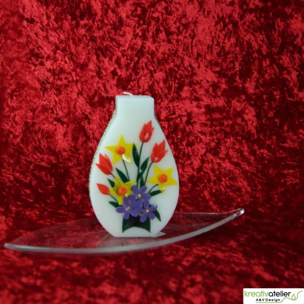 frühlingshafte Künstlerkerze in Vasenform Frühlingsstrauß, bunt