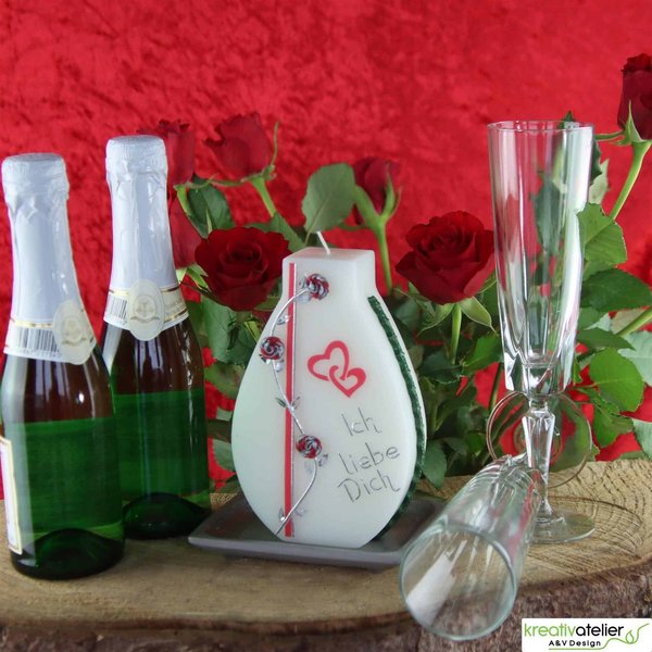 weiße Formenkerze in Vasenform "Ich liebe Dich", Echtwachsbeschriftung