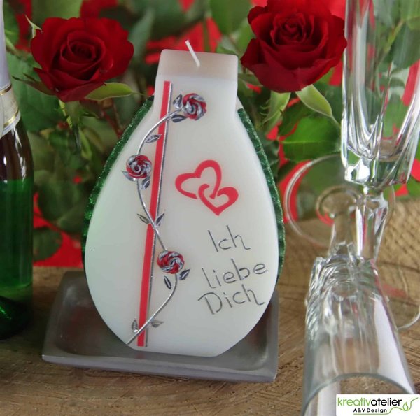 weiße Formenkerze in Vasenform "Ich liebe Dich", Echtwachsbeschriftung